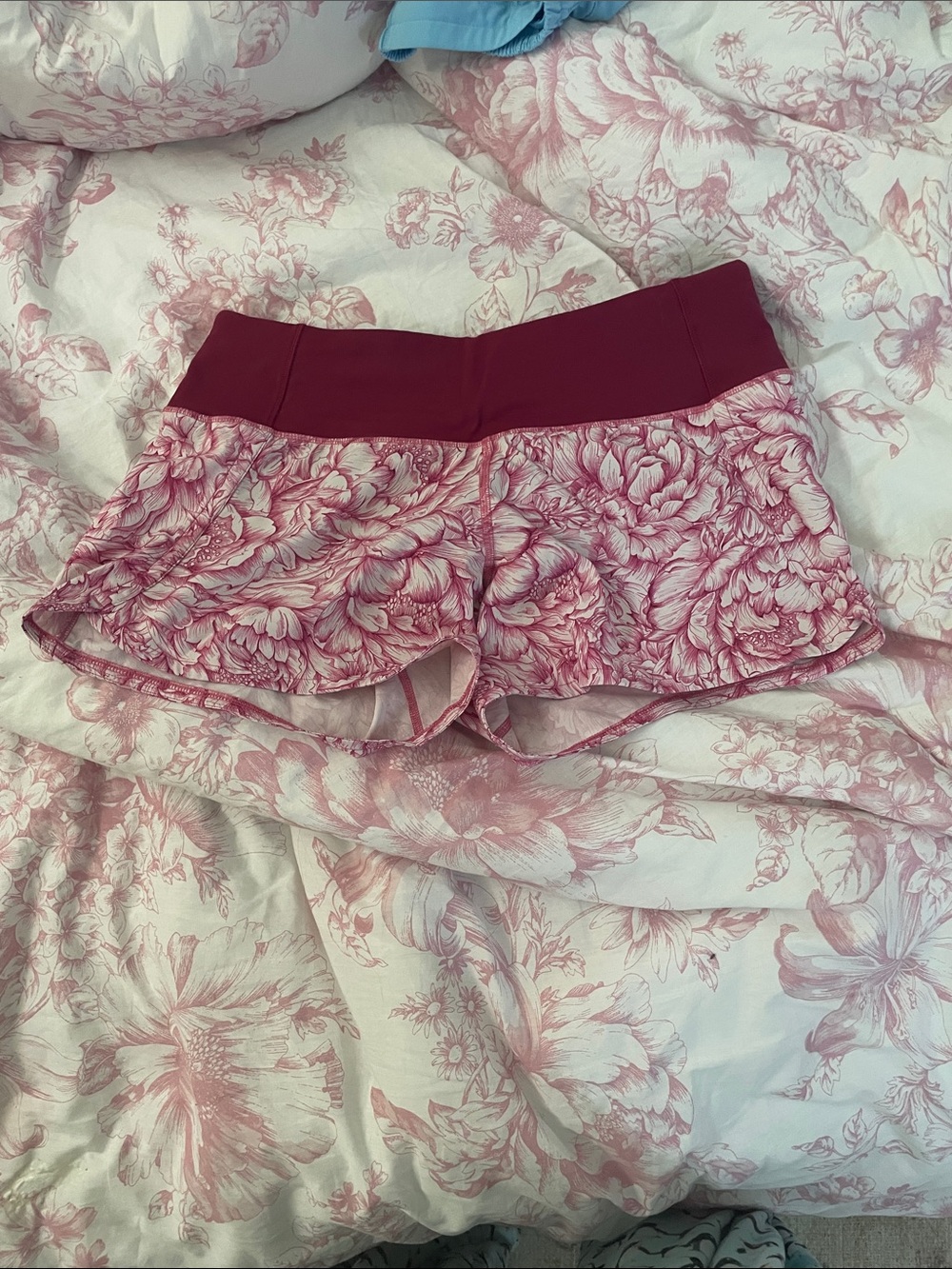 lululemon athletica Pink Floral Athletic Shorts with Maroon Waistband